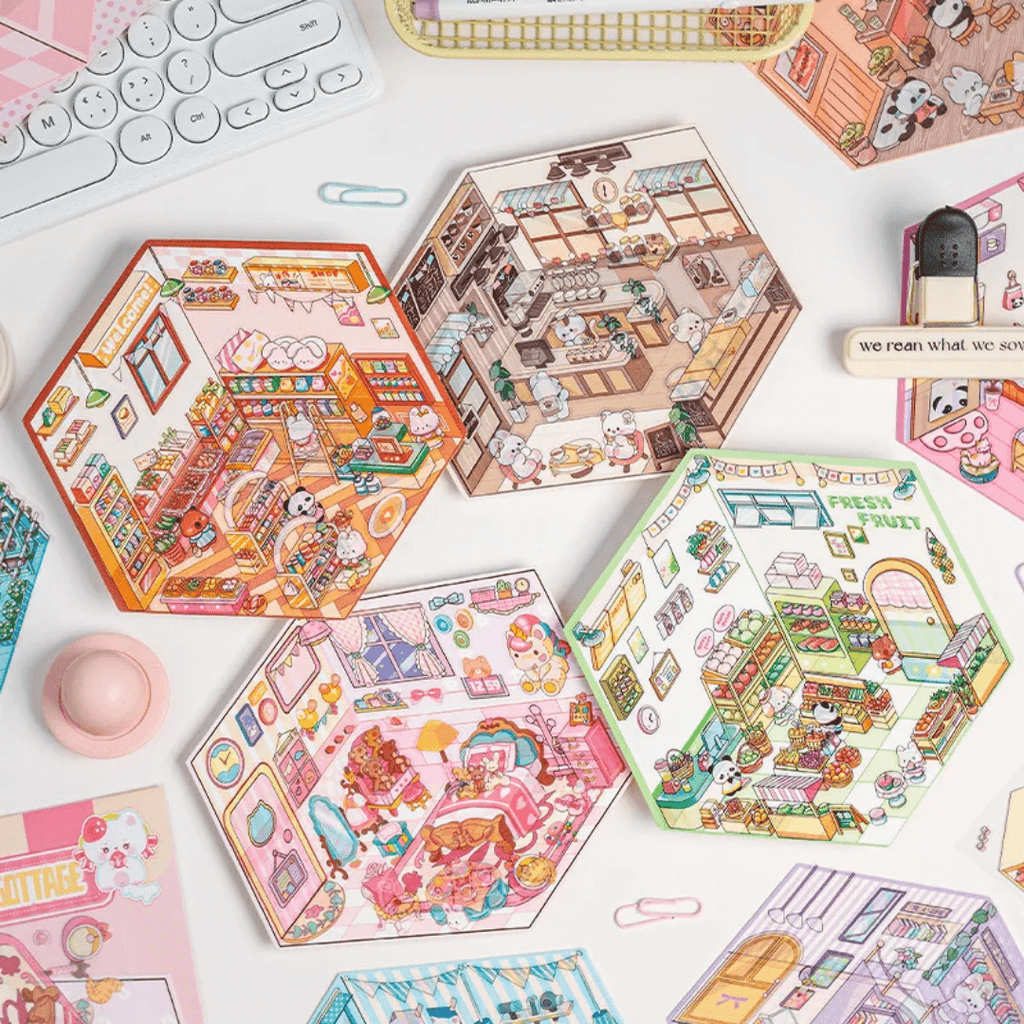 Stickers 3D Kawaii hexagonaux – vue d'ensemble